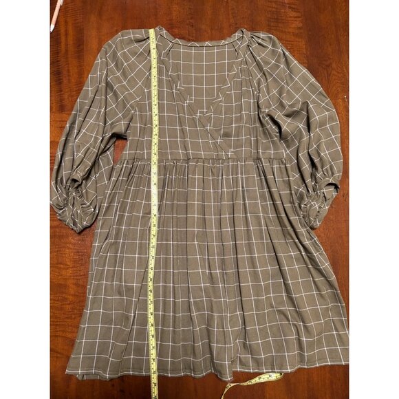 Hand Made Olive Green Check Wrap Front A-Line Baby Doll Long Sleeve Dress - Picture 5 of 5